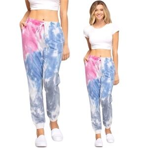 She and sky size L Pink blue joggers sweatpants boho tie dye pants casual yoga
